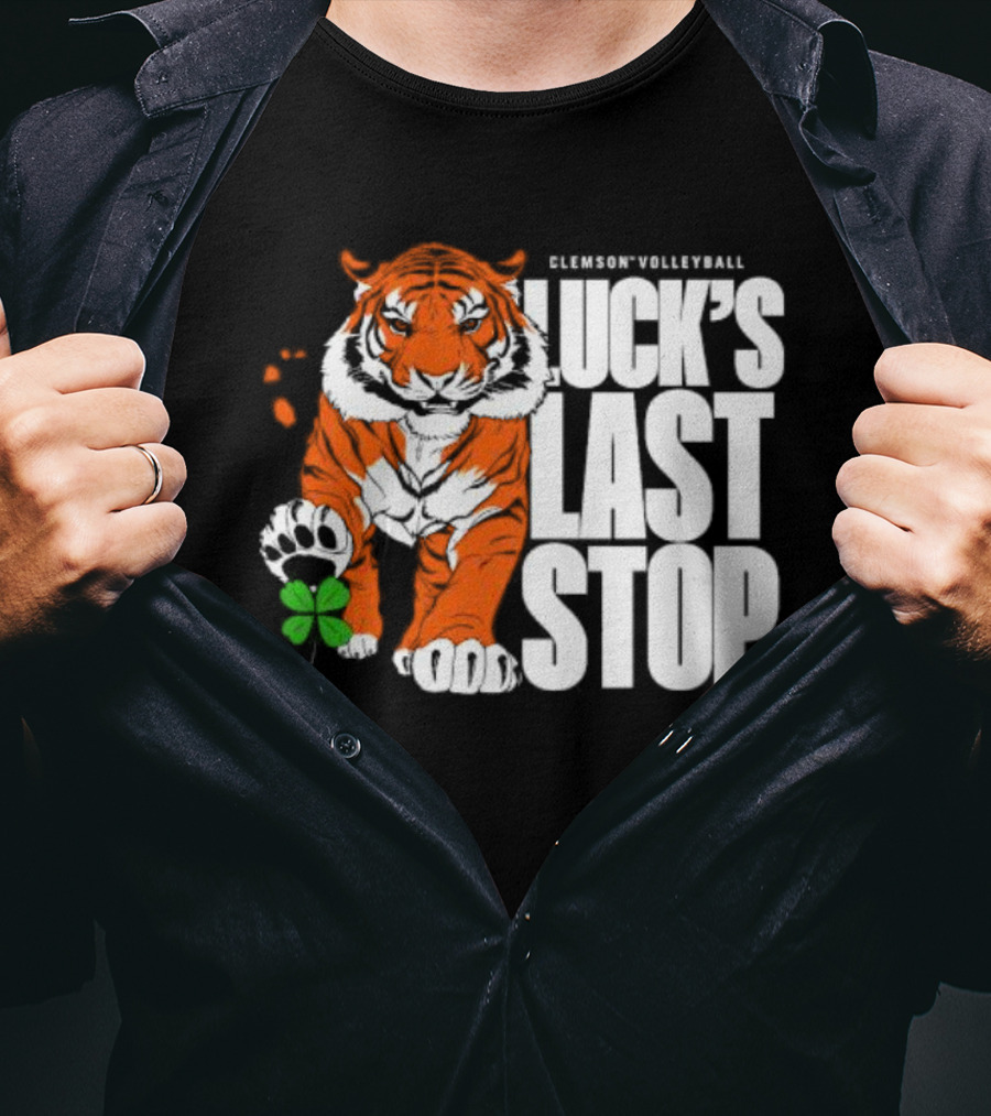 Clemson Volleyball Tiger Luck's Last Stop Tiger Paw With Clover T-Shirt