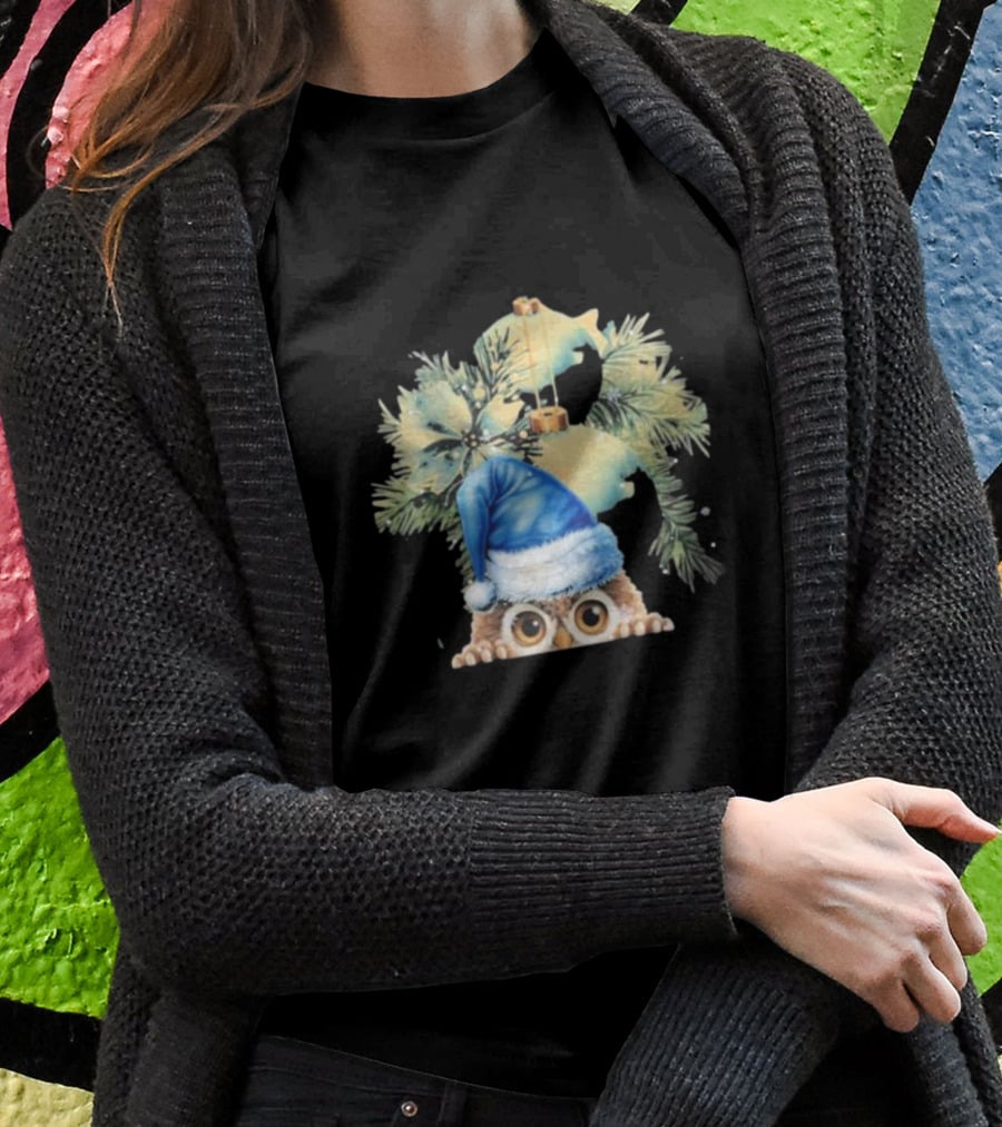 Funny Christmas Owl With Blue Santa Hat And Pine Tree Garland T-Shirt