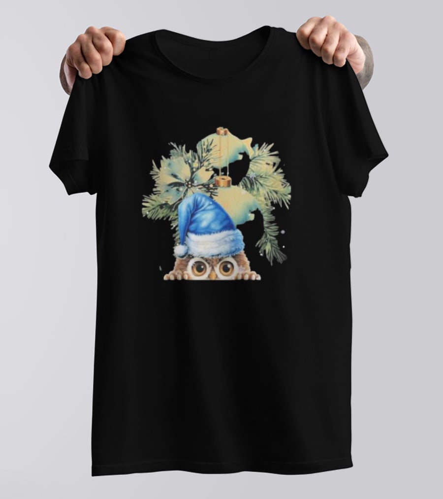 Funny Christmas Owl With Blue Santa Hat And Pine Tree Garland T-Shirt