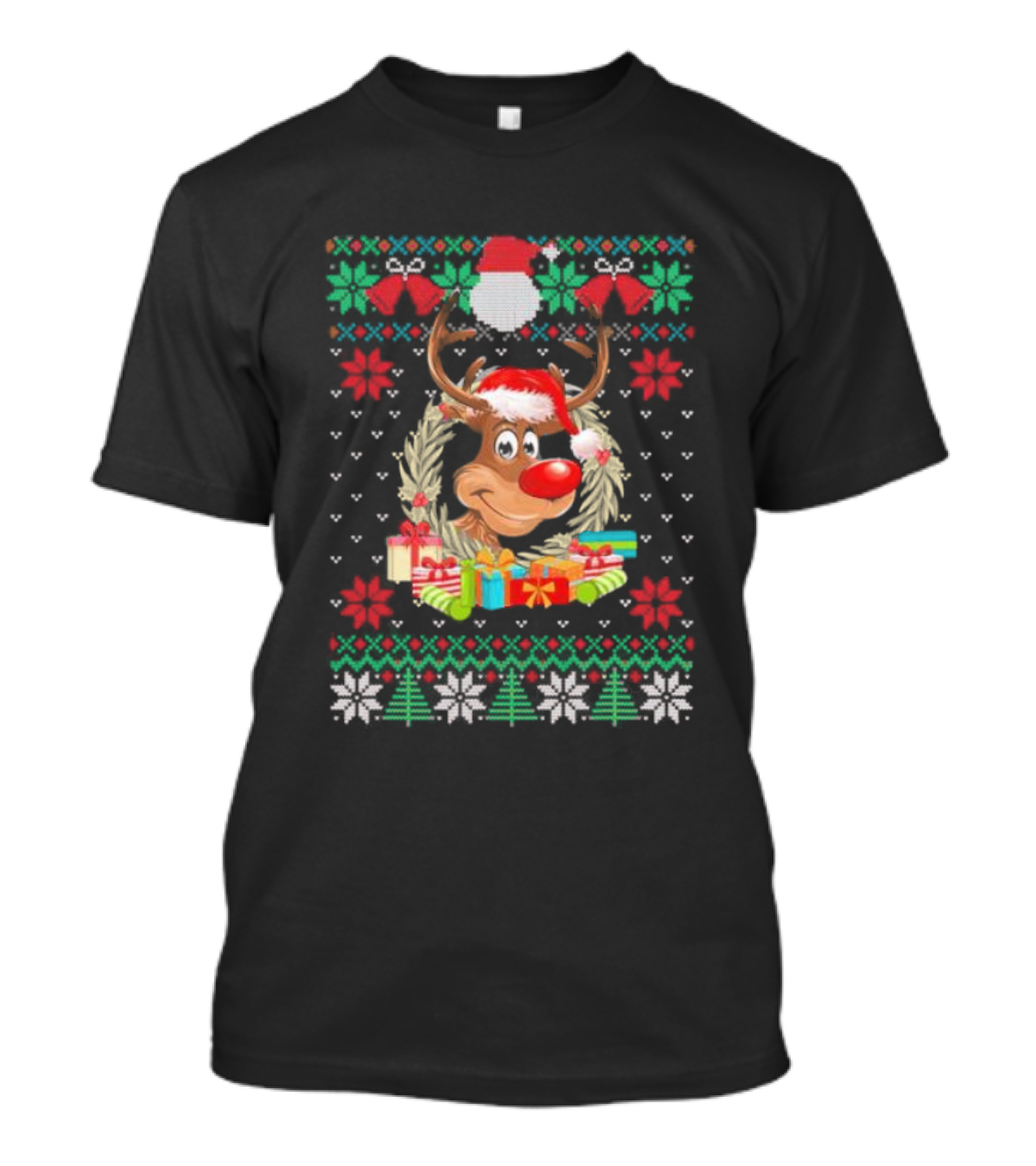 Reindeer Santa Hat Funny Ugly Christmas With Gifts And Snowflakes T-Shirt