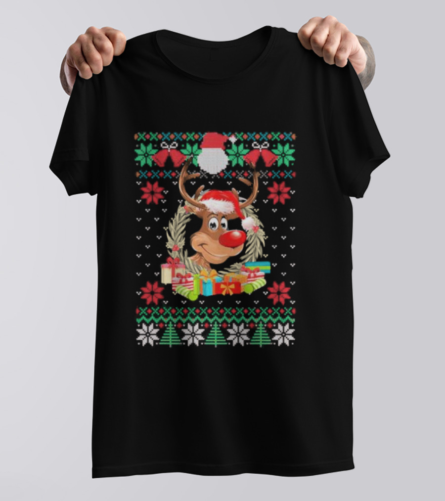 Reindeer Santa Hat Funny Ugly Christmas With Gifts And Snowflakes T-Shirt