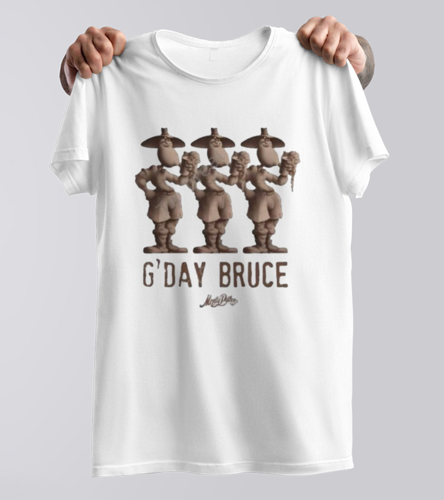 Monty Python G’day Bruce Three Figures Holding Mugs T-Shirt