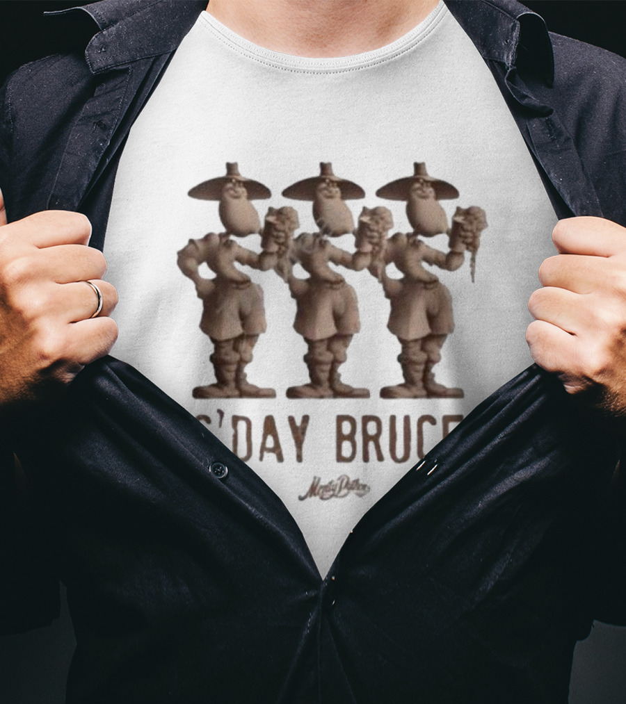 Monty Python G’day Bruce Three Figures Holding Mugs T-Shirt