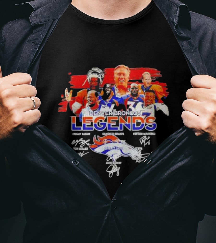 Denver Broncos Legends Champ Bailey Shannon Sharpe Peyton Manning Von Miller John Elway Signatures Vintage T-Shirt