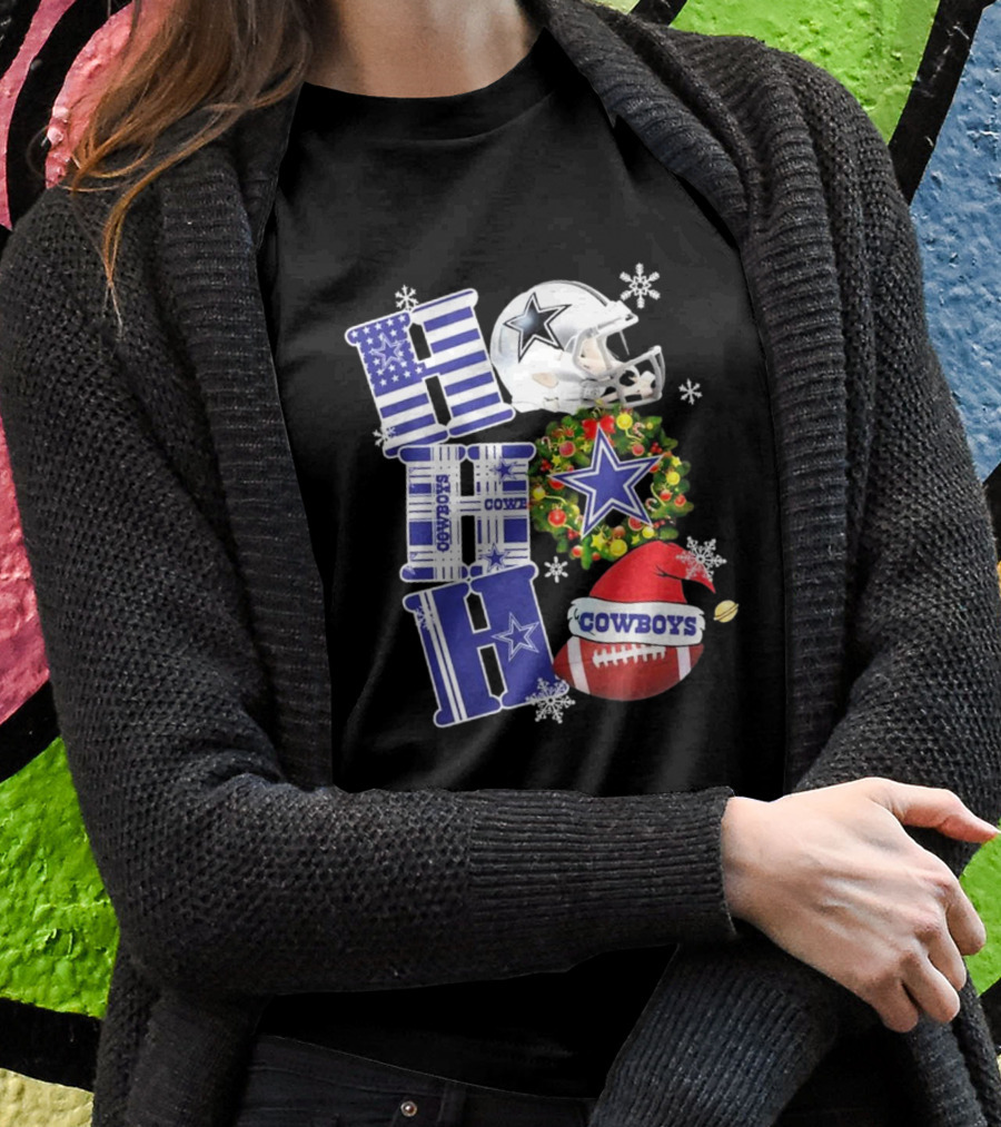 Dallas Cowboys Ho Ho Ho Merry Christmas Football Helmet Wreath Snowflakes T-Shirt