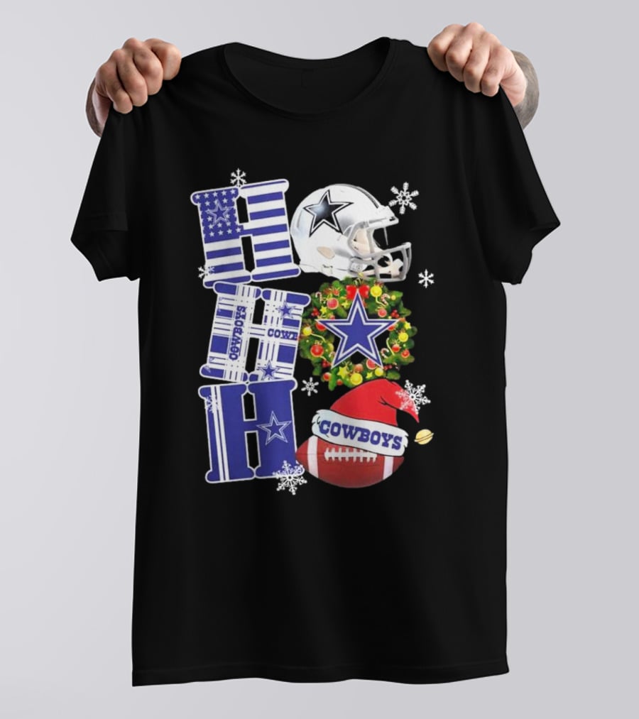 Dallas Cowboys Ho Ho Ho Merry Christmas Football Helmet Wreath Snowflakes T-Shirt