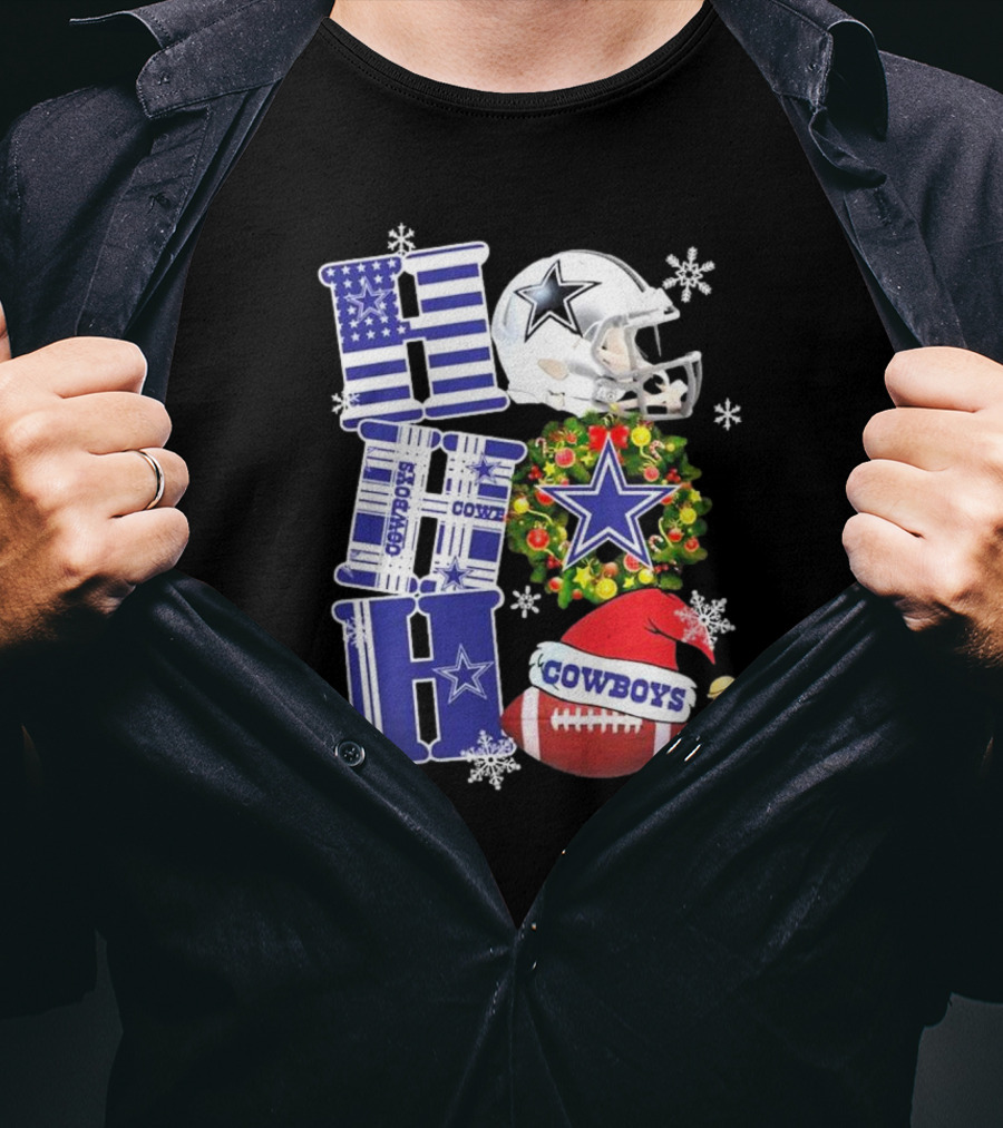 Dallas Cowboys Ho Ho Ho Merry Christmas Football Helmet Wreath Snowflakes T-Shirt
