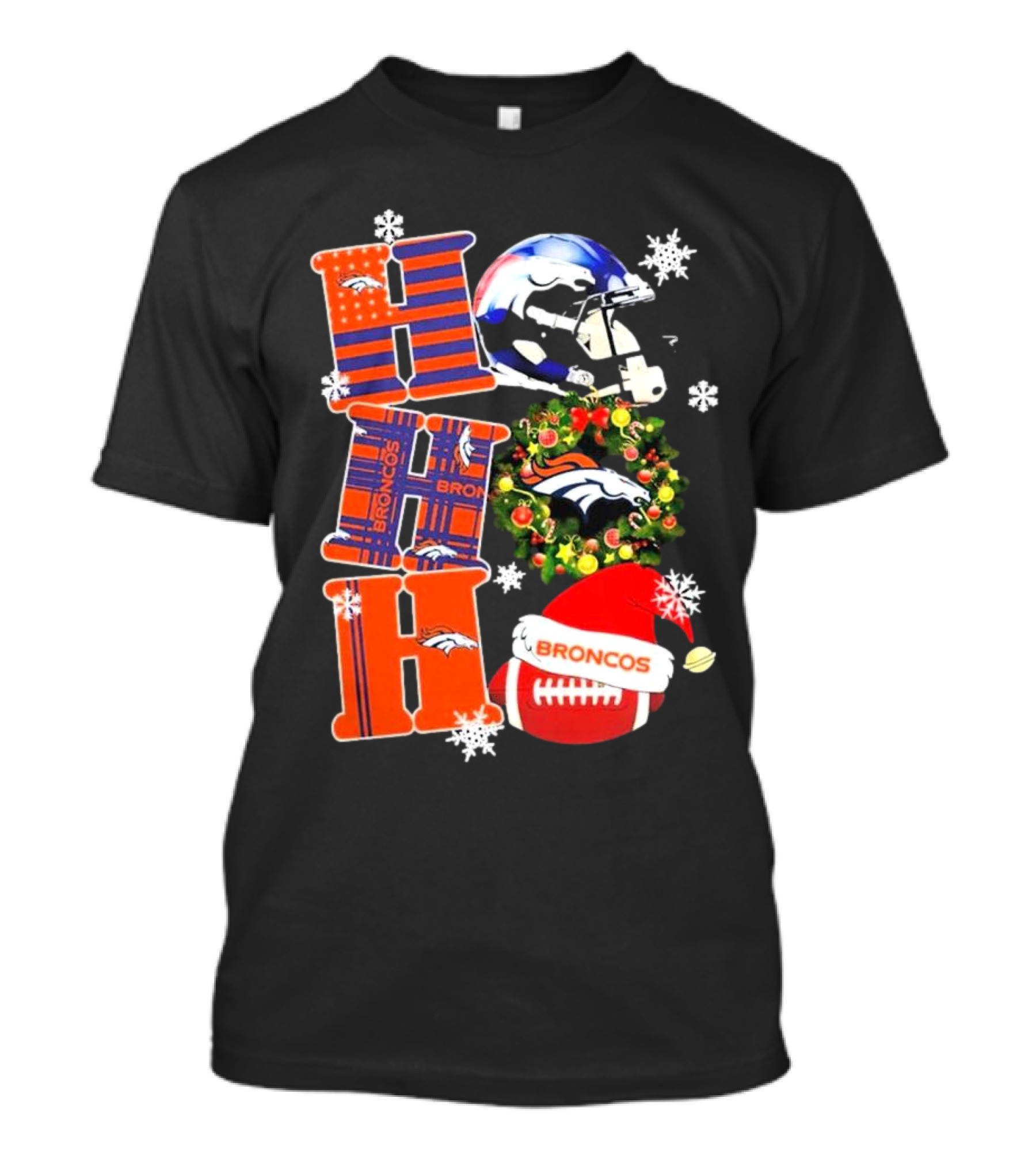 Denver Broncos Ho Ho Ho Merry Christmas Football Helmet Wreath Snowflakes Santa Hat T-Shirt