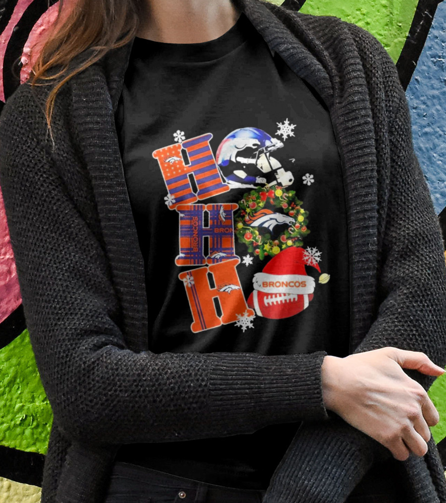 Denver Broncos Ho Ho Ho Merry Christmas Football Helmet Wreath Snowflakes Santa Hat T-Shirt
