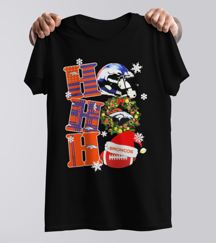 Denver Broncos Ho Ho Ho Merry Christmas Football Helmet Wreath Snowflakes Santa Hat T-Shirt