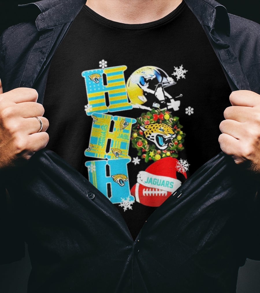 Jacksonville Jaguars Ho Ho Ho Merry Christmas Football Santa Hat Snowflakes Wreath T-Shirt