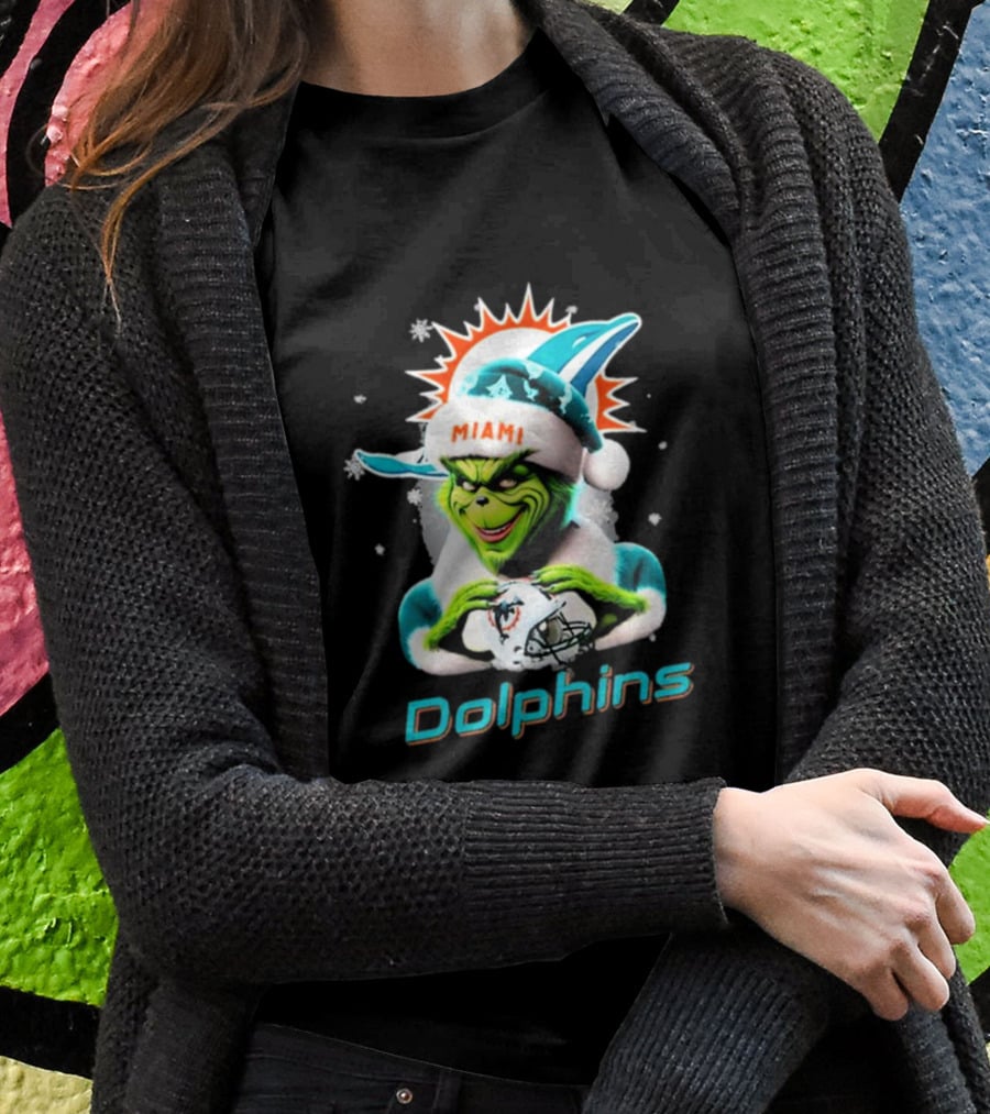 Miami Dolphins Christmas Grinch Santa Hat T-Shirt