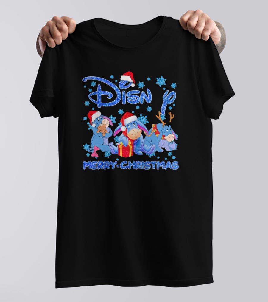 Disney Eeyore Santa Hat Winnie-the-Pooh Merry Christmas Snowflakes T-Shirt