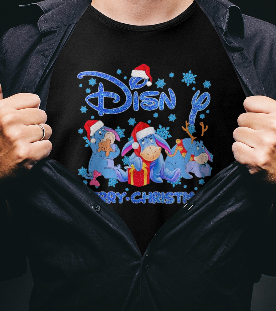 Disney Eeyore Santa Hat Winnie-the-Pooh Merry Christmas Snowflakes T-Shirt