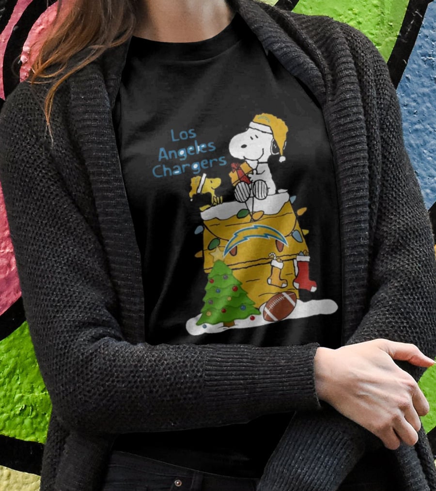 Santa Snoopy Woodstock Los Angeles Chargers Christmas Tree Football Socks T-Shirt
