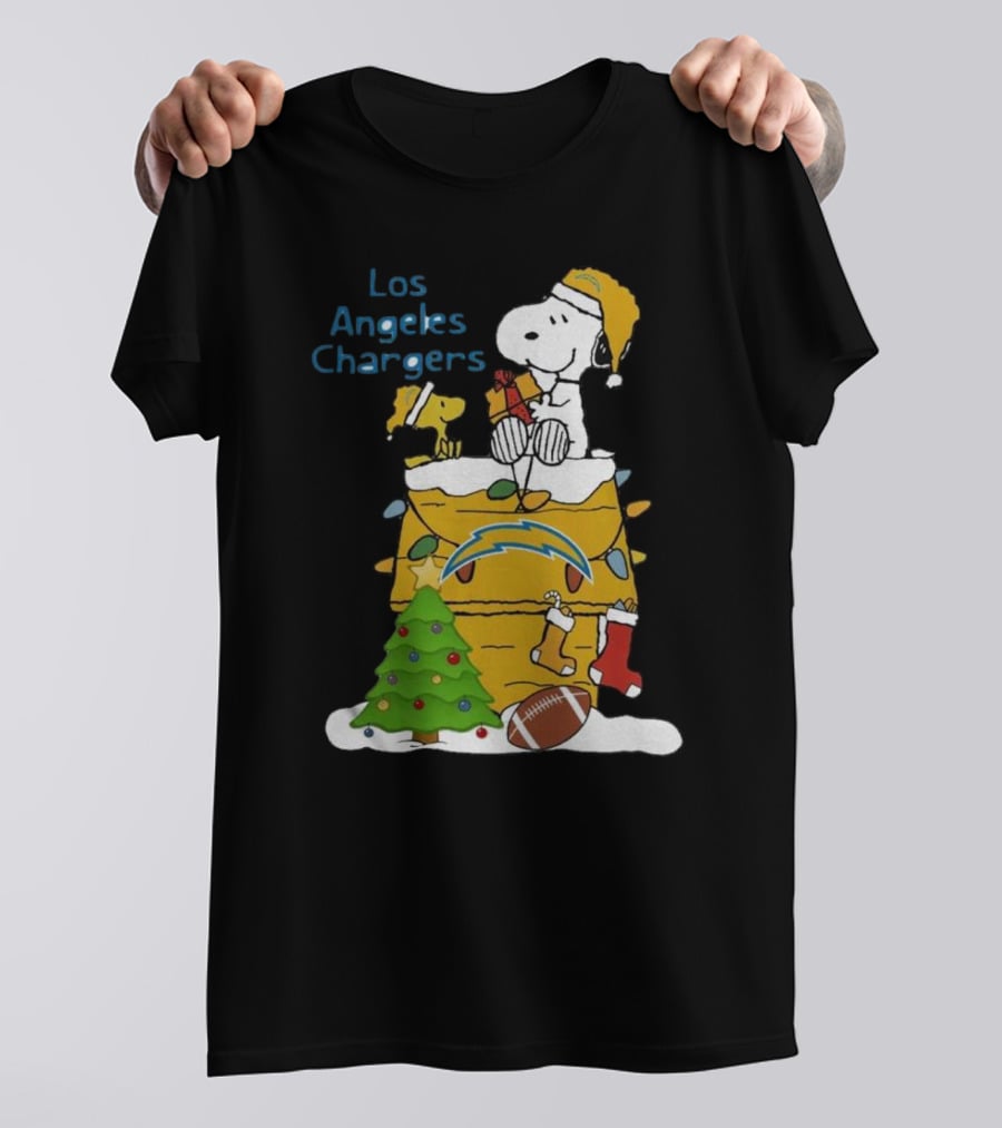Santa Snoopy Woodstock Los Angeles Chargers Christmas Tree Football Socks T-Shirt