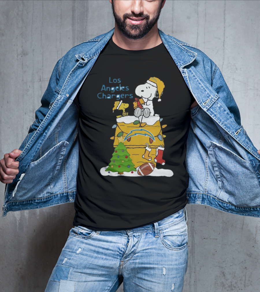 Santa Snoopy Woodstock Los Angeles Chargers Christmas Tree Football Socks T-Shirt