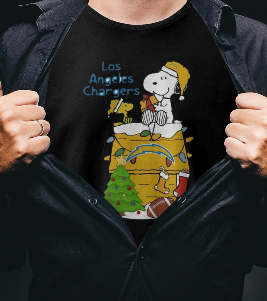 Santa Snoopy Woodstock Los Angeles Chargers Christmas Tree Football Socks T-Shirt