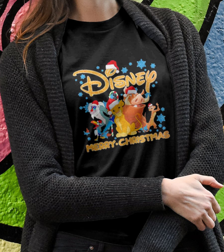 Disney Merry Christmas The Lion King Characters Santa Hats Snowflakes T-Shirt