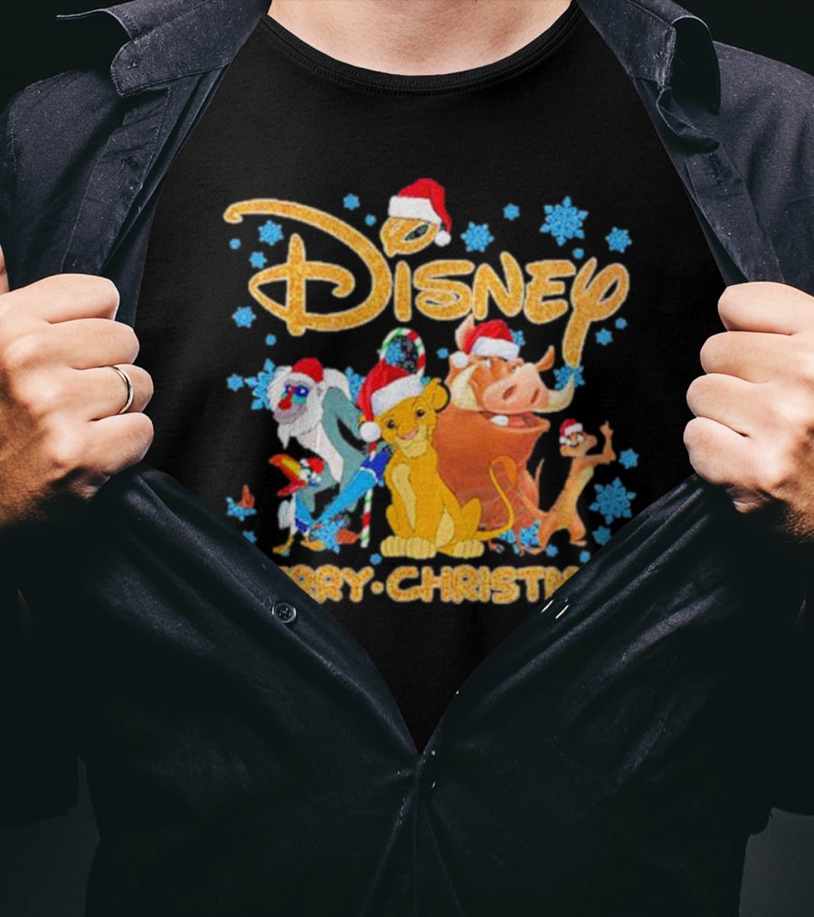 Disney Merry Christmas The Lion King Characters Santa Hats Snowflakes T-Shirt