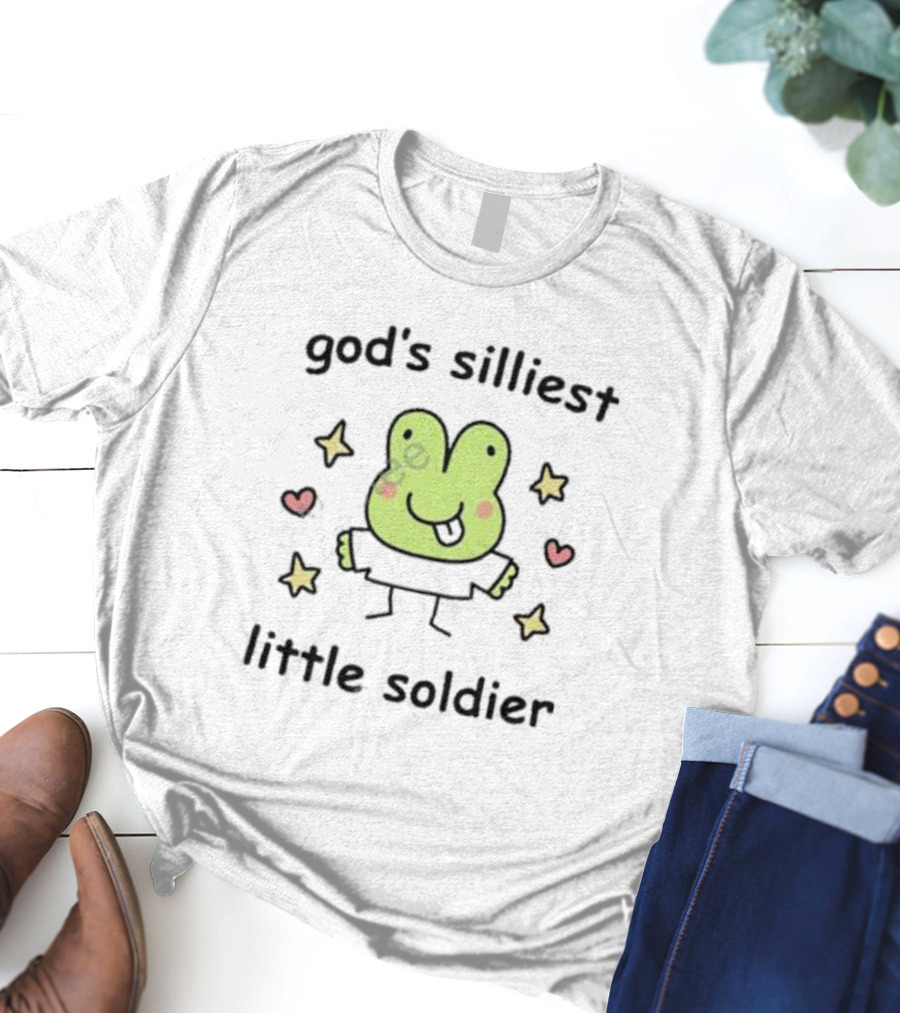God's Silliest Little Soldier Cute Cartoon Frog With Stars And Hearts T-Shirt