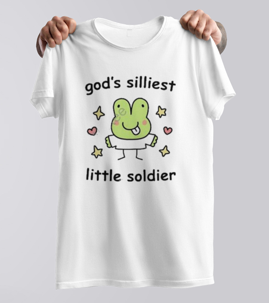 God's Silliest Little Soldier Cute Cartoon Frog With Stars And Hearts T-Shirt