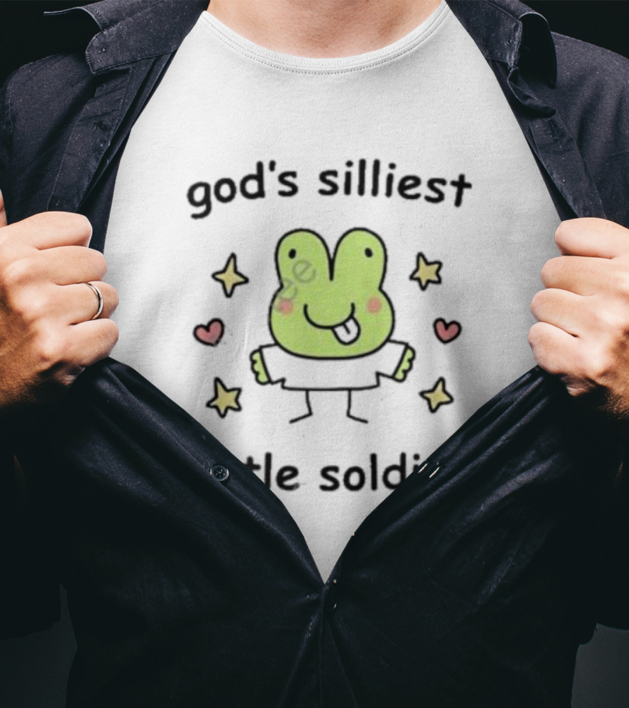 God's Silliest Little Soldier Cute Cartoon Frog With Stars And Hearts T-Shirt