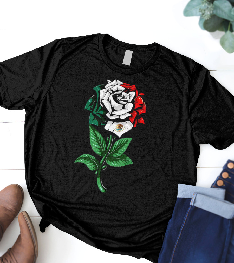 Rose In Colors Of Mexican Flag With Emblem T-Shirt