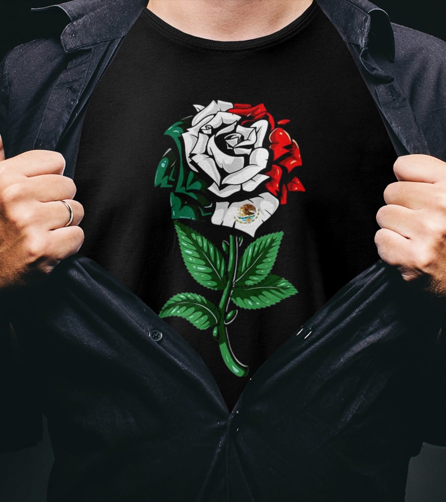 Rose In Colors Of Mexican Flag With Emblem T-Shirt