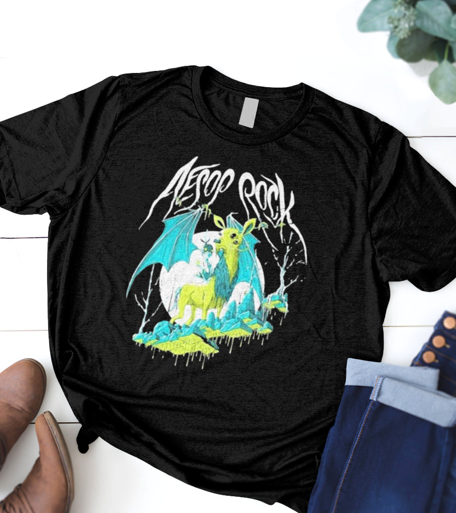 Aesop Rock Mythical Creature With Bat Wings And Moon Background T-Shirt