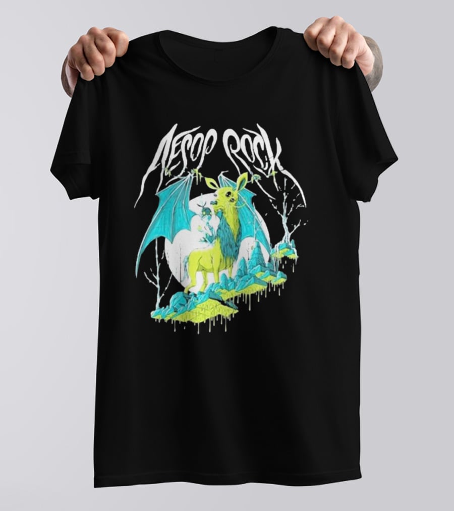 Aesop Rock Mythical Creature With Bat Wings And Moon Background T-Shirt