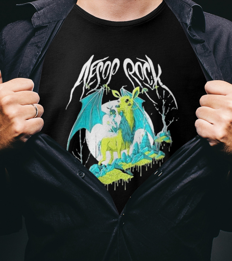 Aesop Rock Mythical Creature With Bat Wings And Moon Background T-Shirt