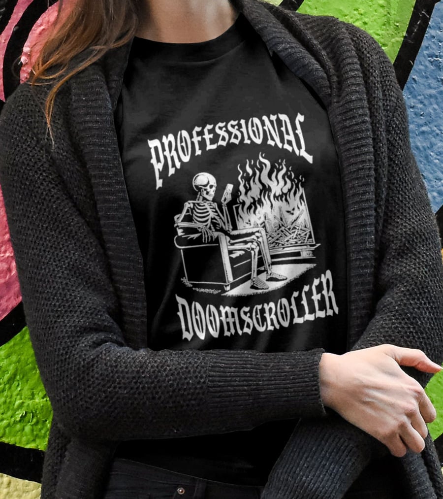 Professional Doomscroller Skeleton By Fireplace T-Shirt