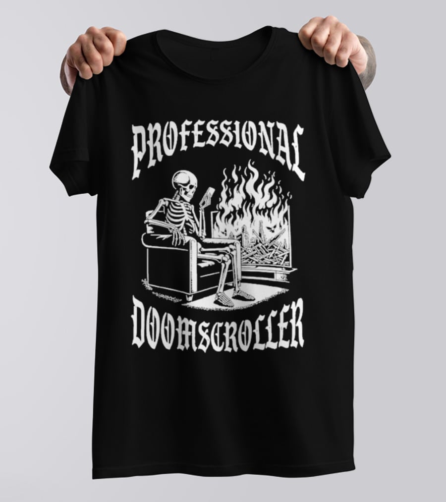 Professional Doomscroller Skeleton By Fireplace T-Shirt