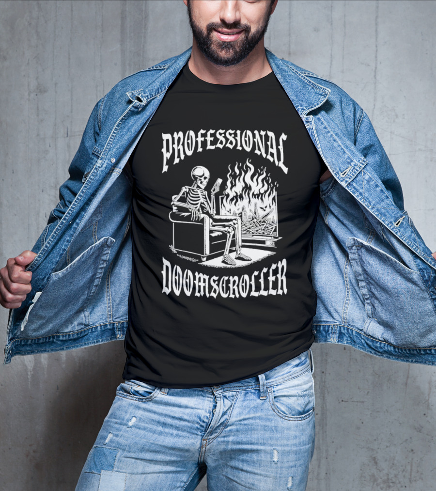 Professional Doomscroller Skeleton By Fireplace T-Shirt