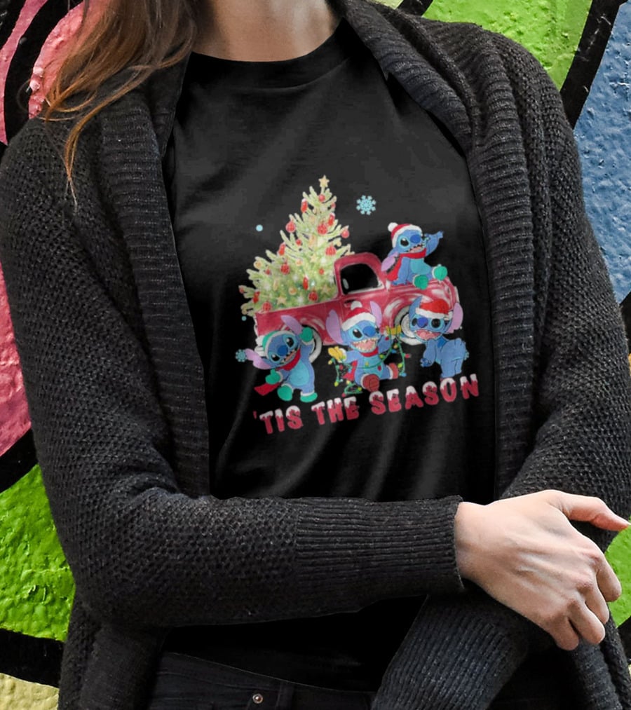 Stitch Tis The Season Christmas Santa Claus With Tree And Truck T-Shirt