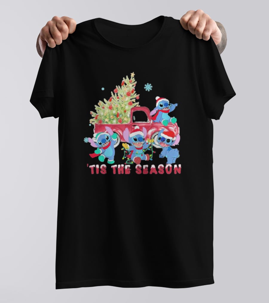 Stitch Tis The Season Christmas Santa Claus With Tree And Truck T-Shirt