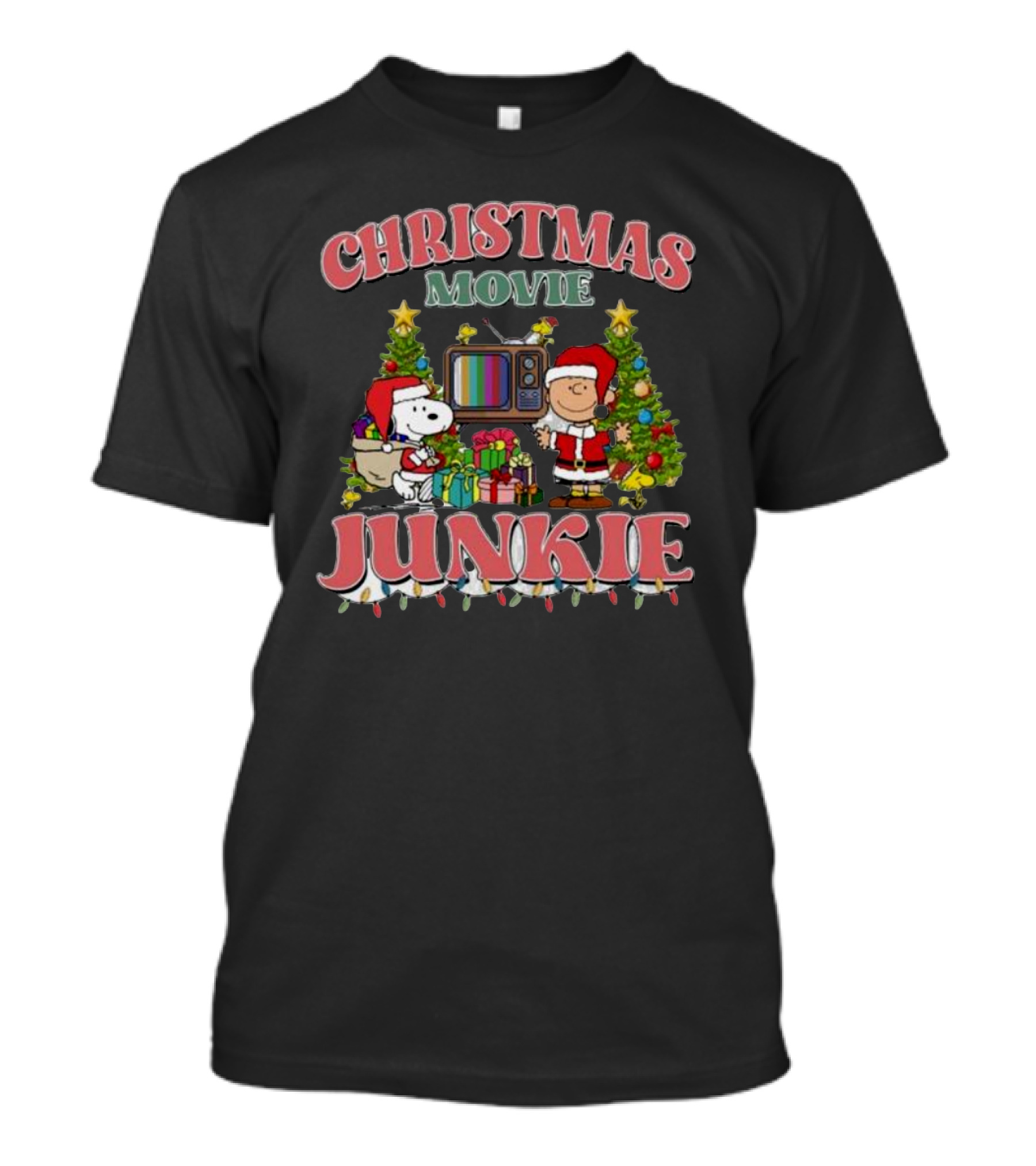 Christmas Movie Junkie Snoopy And Charlie Brown Festive TV Scene T-Shirt