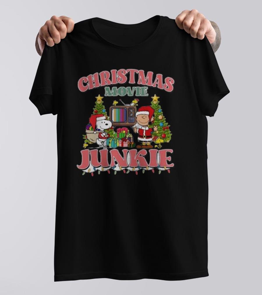Christmas Movie Junkie Snoopy And Charlie Brown Festive TV Scene T-Shirt