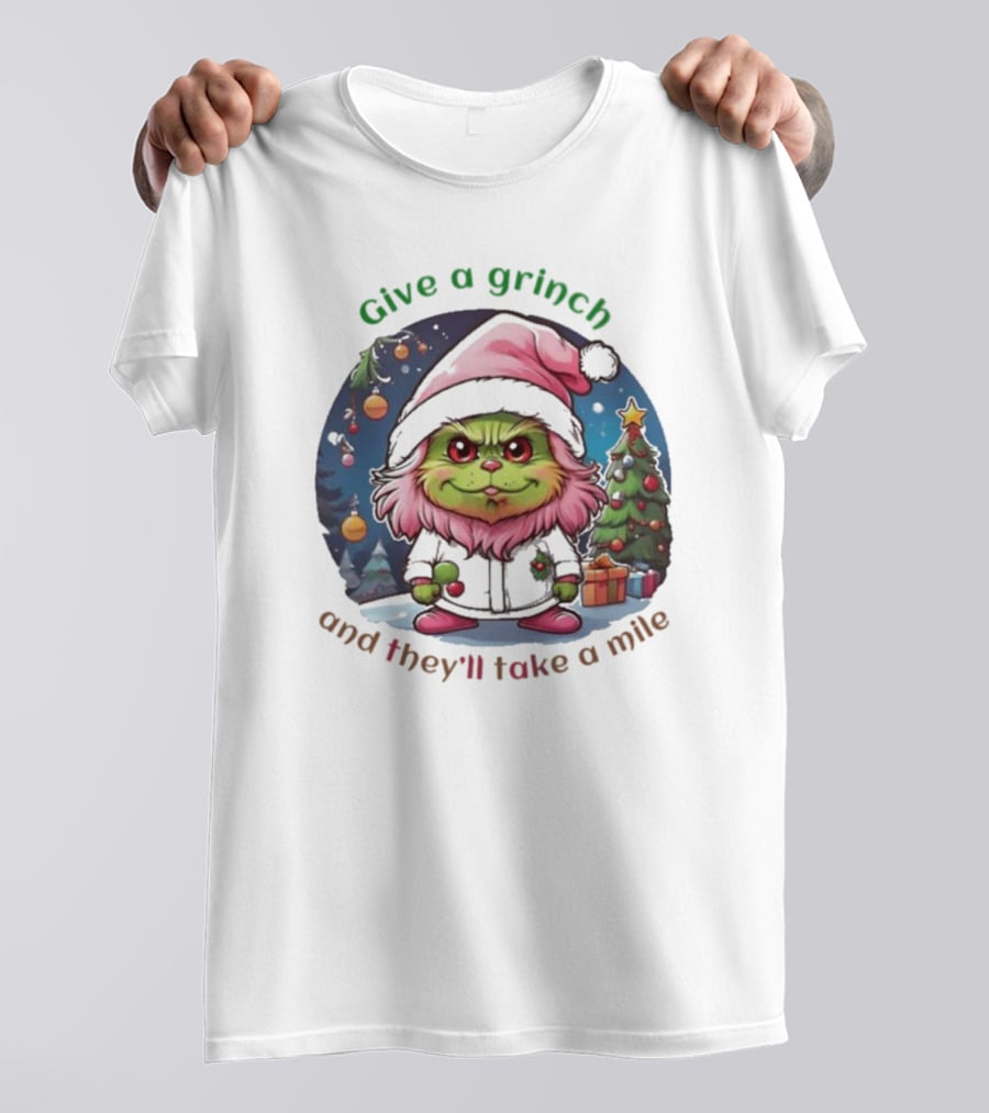 Chibi Pink Grinch Christmas Scene Give A Grinch And They’ll Take A Mile T-Shirt