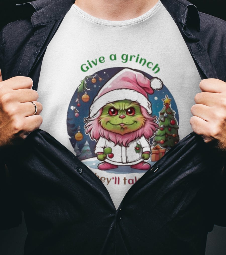 Chibi Pink Grinch Christmas Scene Give A Grinch And They’ll Take A Mile T-Shirt