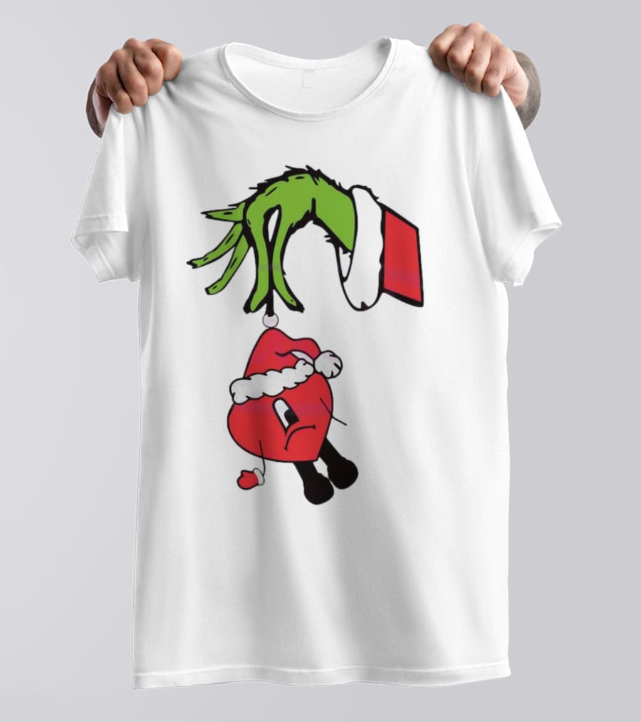 Grinch Hand Holding Santa Hat Bad Bunny Xmas T-Shirt