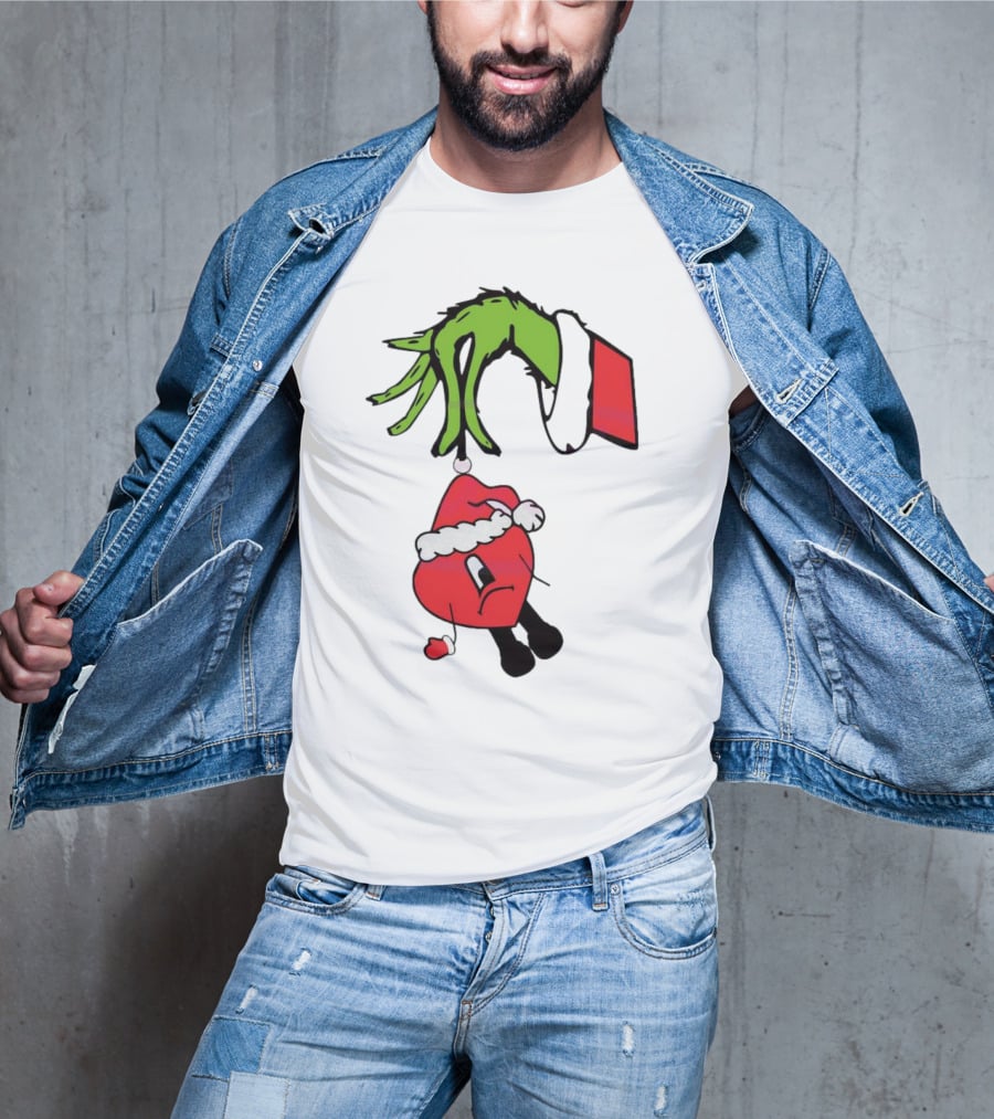 Grinch Hand Holding Santa Hat Bad Bunny Xmas T-Shirt