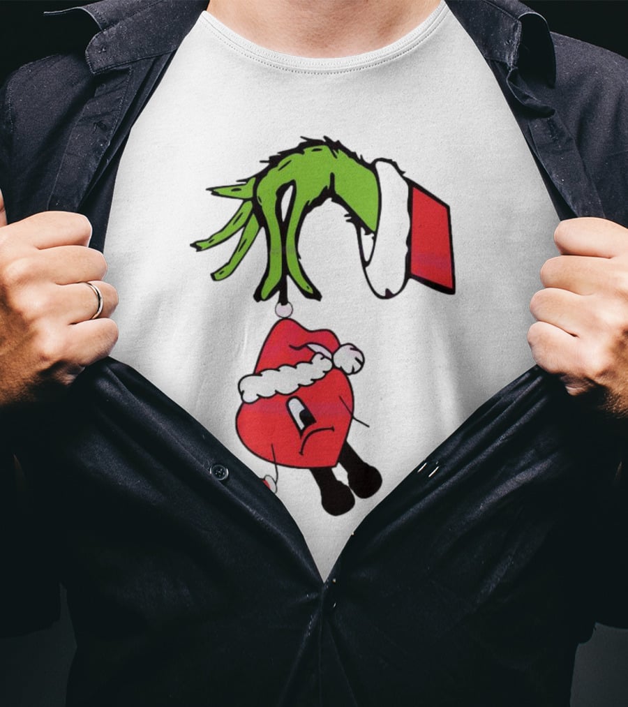 Grinch Hand Holding Santa Hat Bad Bunny Xmas T-Shirt