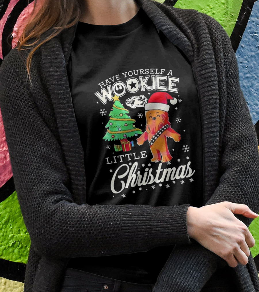 Have Yourself A Wookiee Little Christmas Tree Chewbacca Santa Hat Millennium Falcon Snowflakes T-Shirt
