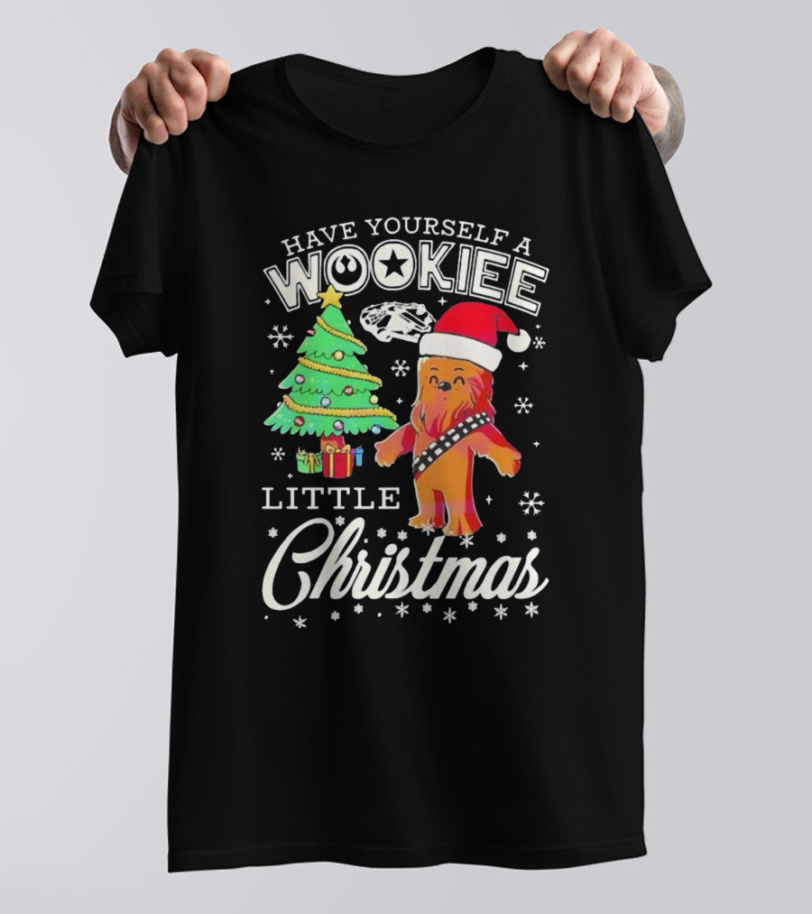 Have Yourself A Wookiee Little Christmas Tree Chewbacca Santa Hat Millennium Falcon Snowflakes T-Shirt