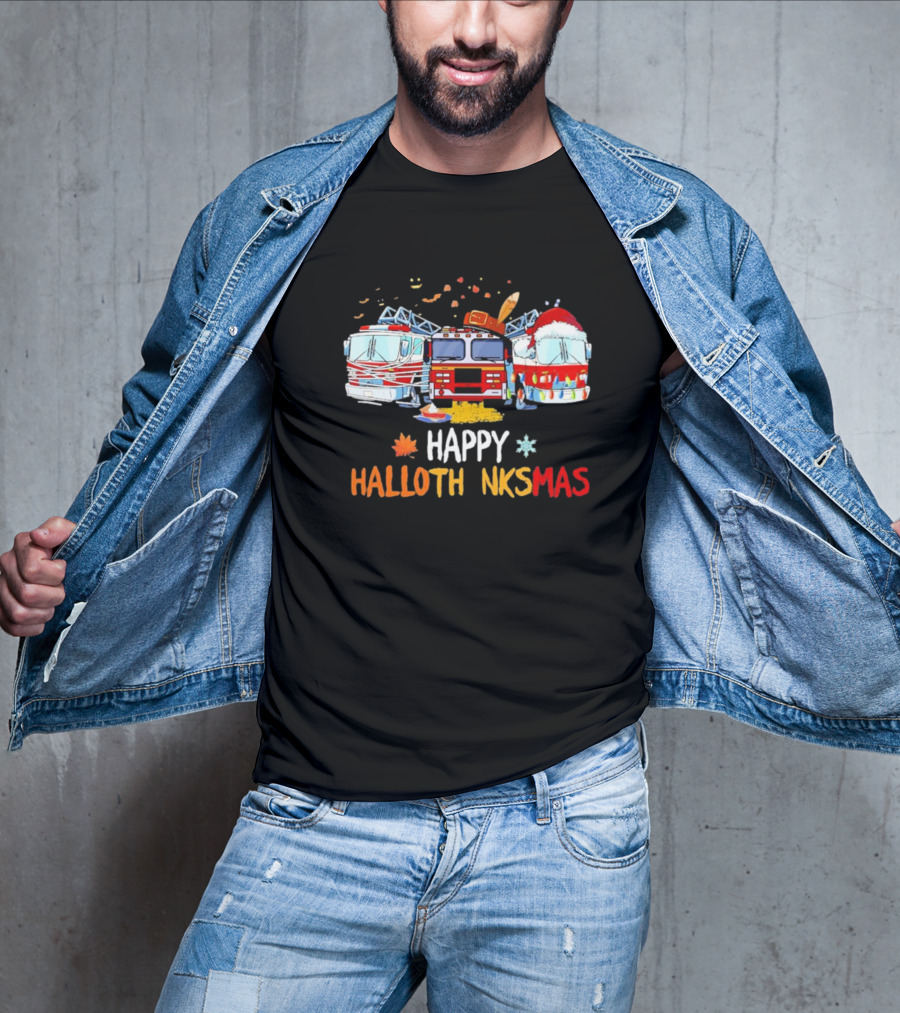 Happy Hallothankmas Firefighter Trucks Halloween Thanksgiving Christmas T-Shirt