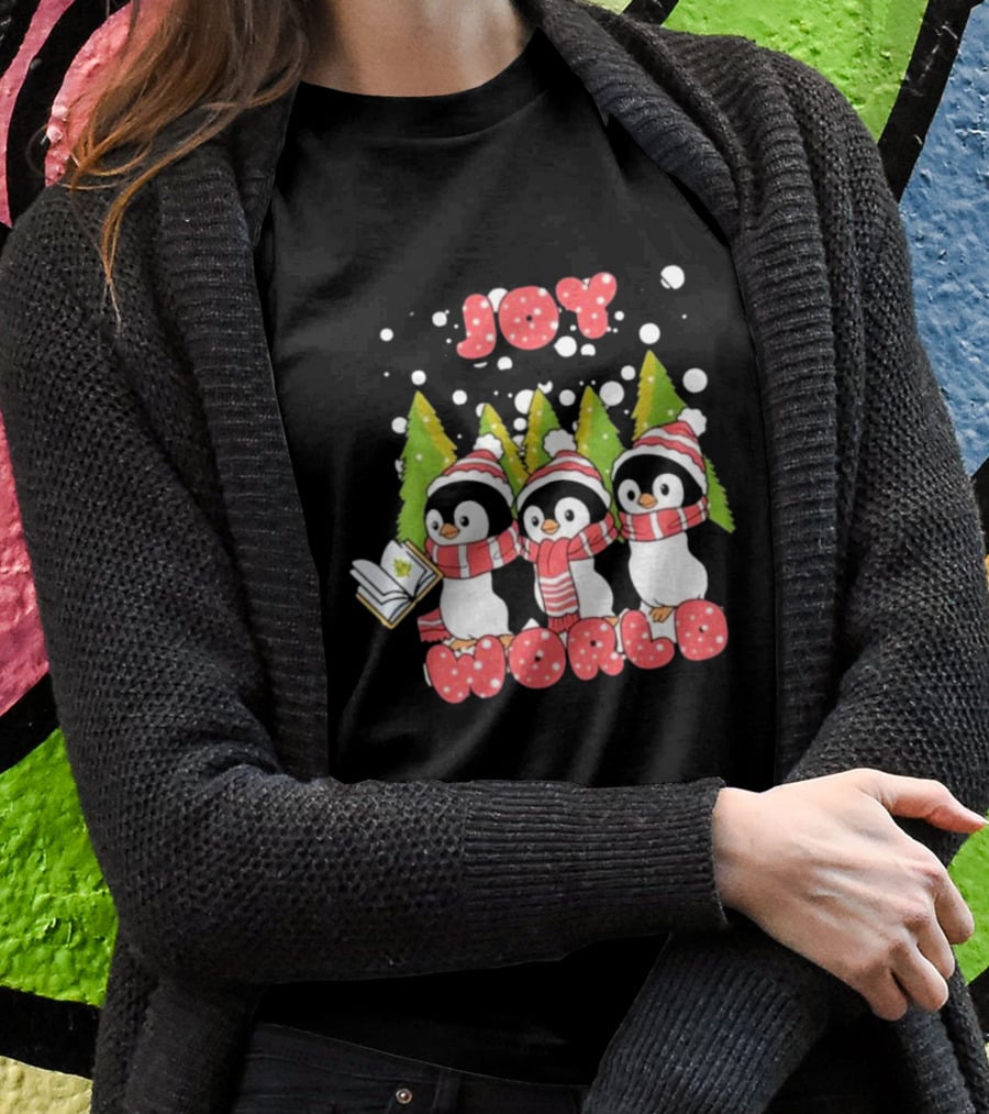 Joy World Penguins Singing With Trees And Snowflakes T-Shirt