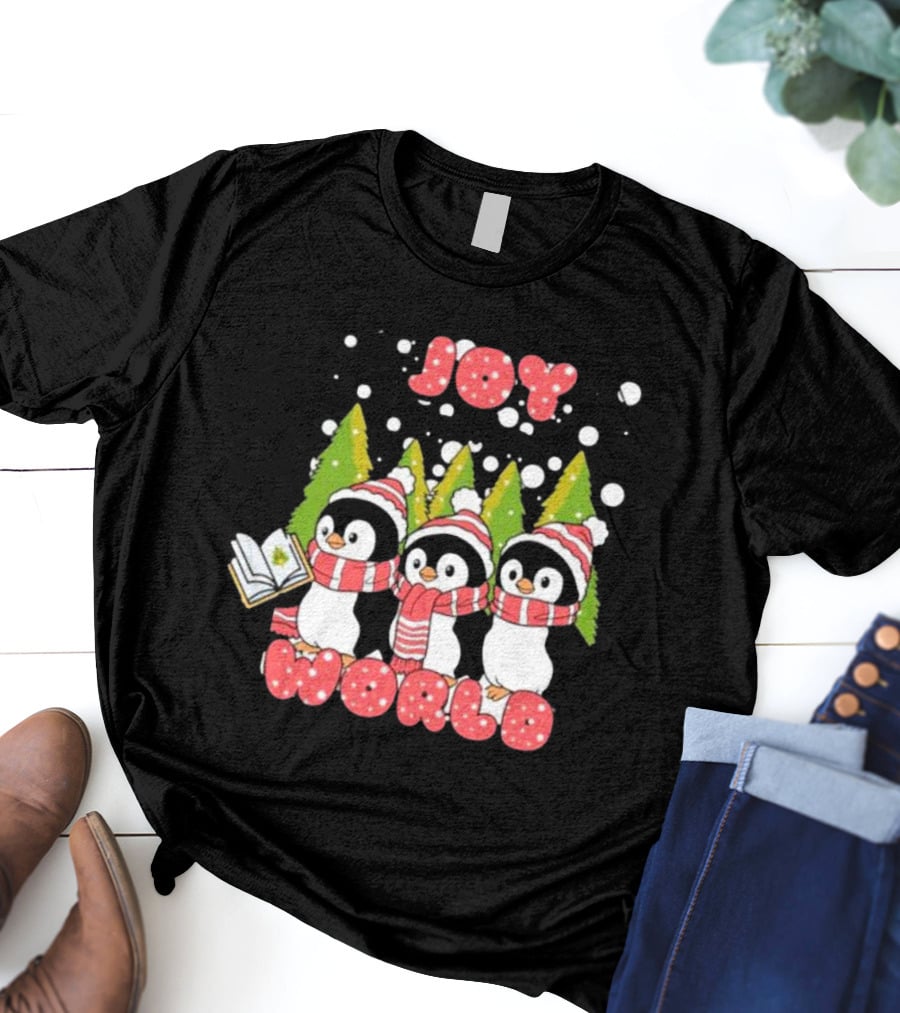 Joy World Penguins Singing With Trees And Snowflakes T-Shirt