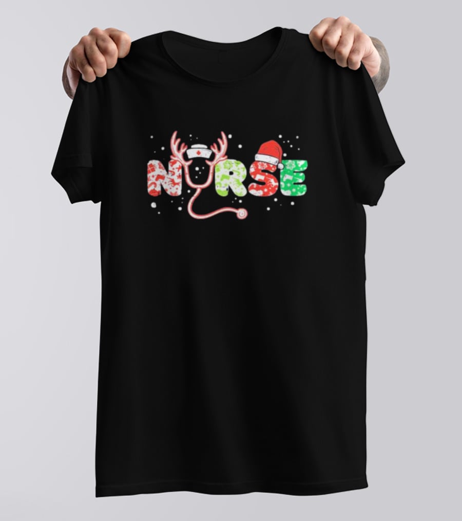 Nurse Christmas Stethoscope Reindeer Hat Festive Xmas Scrub Top T-Shirt